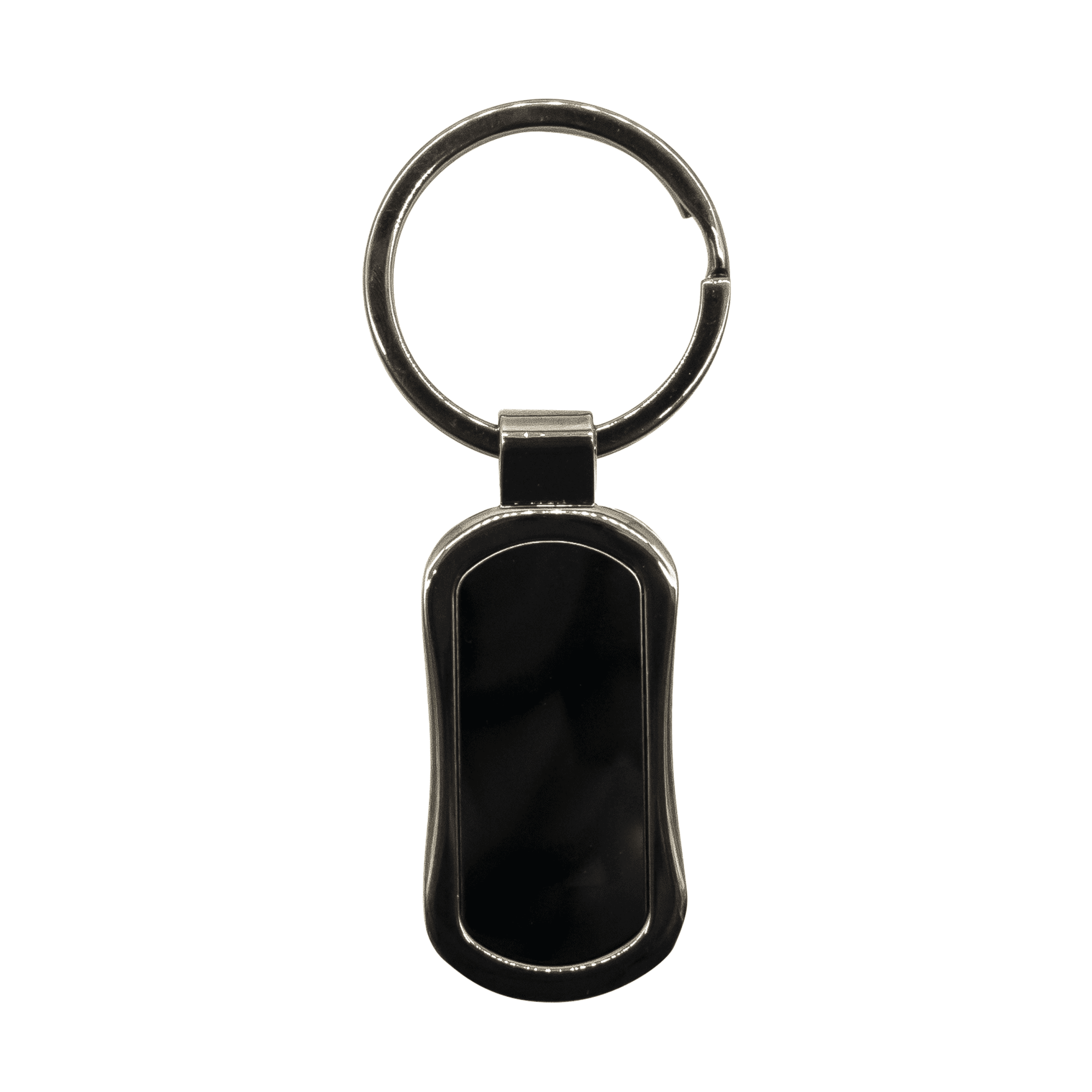 A gunmetal keychain with a sleek, rectangular design and a circular keyring attachment.
