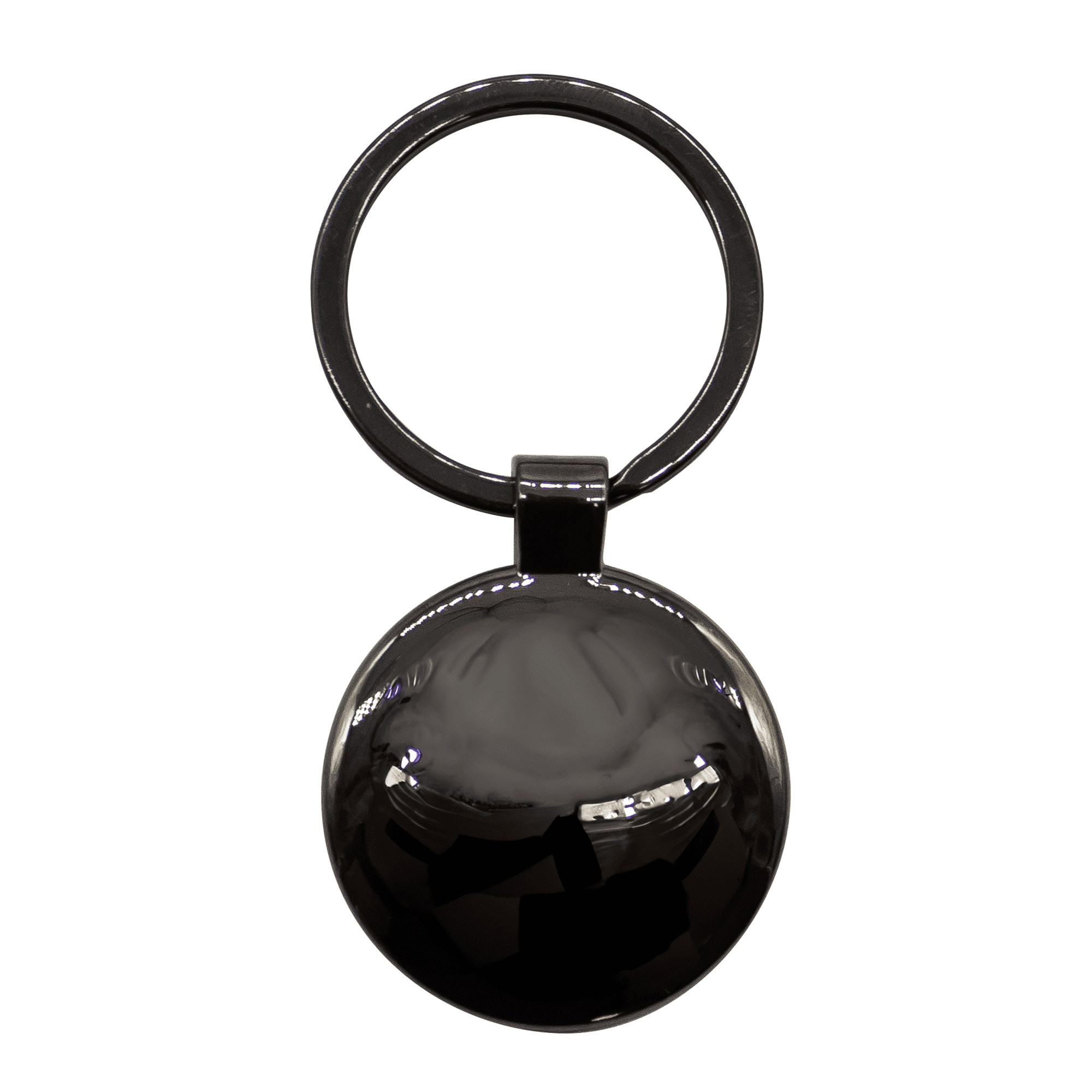 A gunmetal keychain featuring a polished circular pendant and a sturdy ring for attachment.