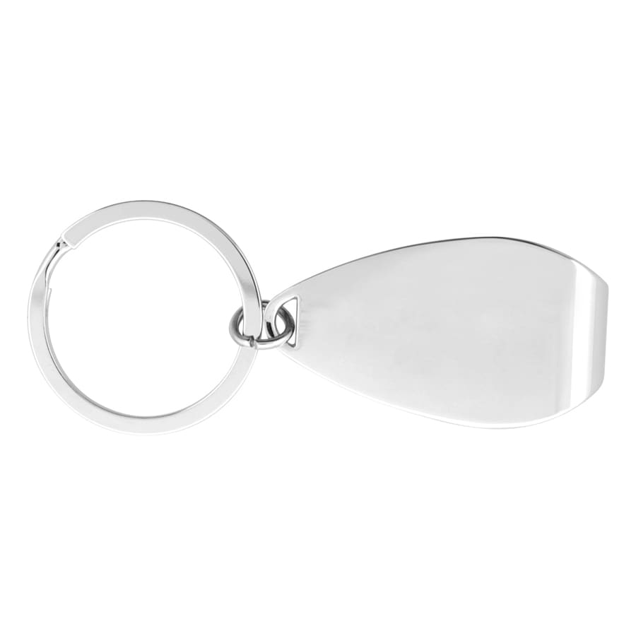 A silver keychain with a teardrop-shaped pendant and a circular ring for attachment.