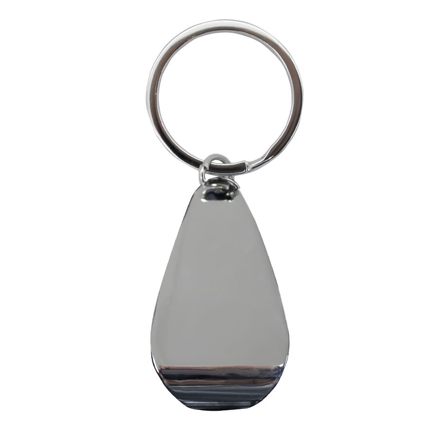 A shiny silver keychain with a teardrop shape and a metal ring for attachment.