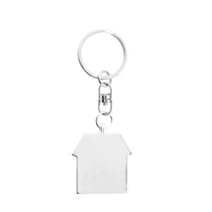 A silver keychain in the shape of a house, featuring a metal ring and a clasp.