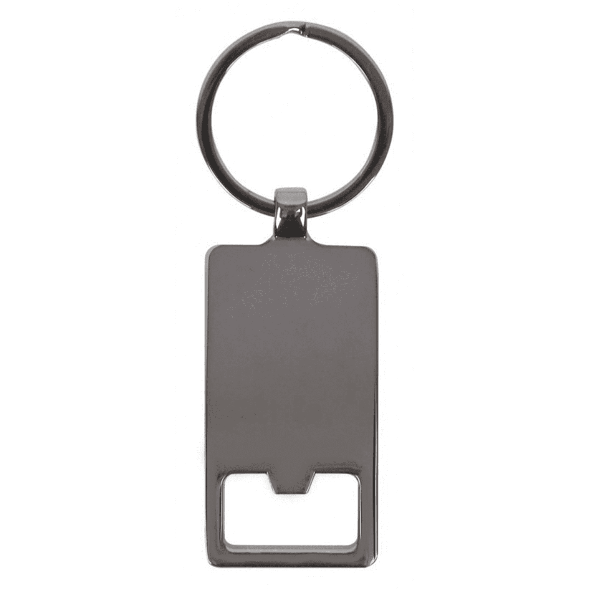 A silver rectangle keychain featuring a blank surface and a round attachment ring.