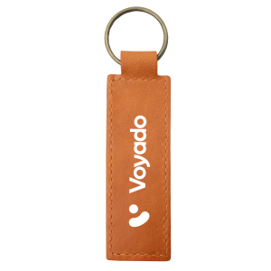 A tan recycled leather keyring with a metal ring and a logo.