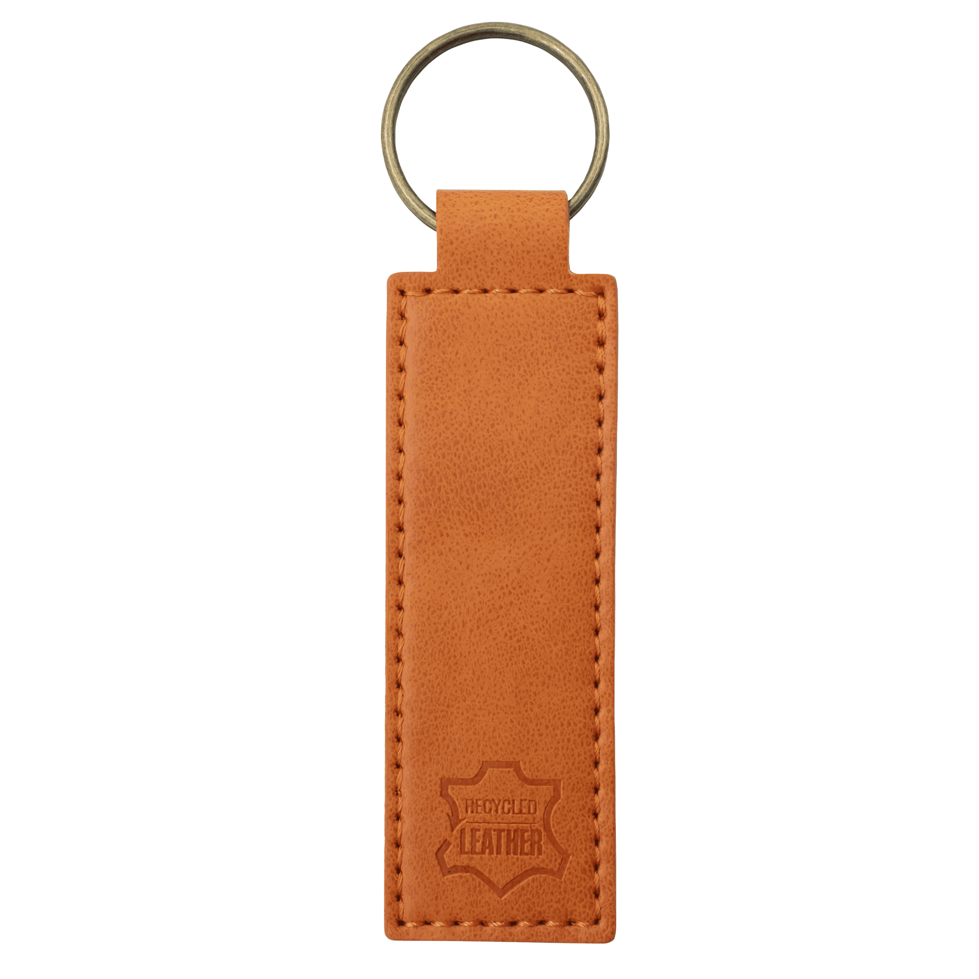 A recycled leather keyring in orange with a metal ring, featuring a textured finish and a branding logo.