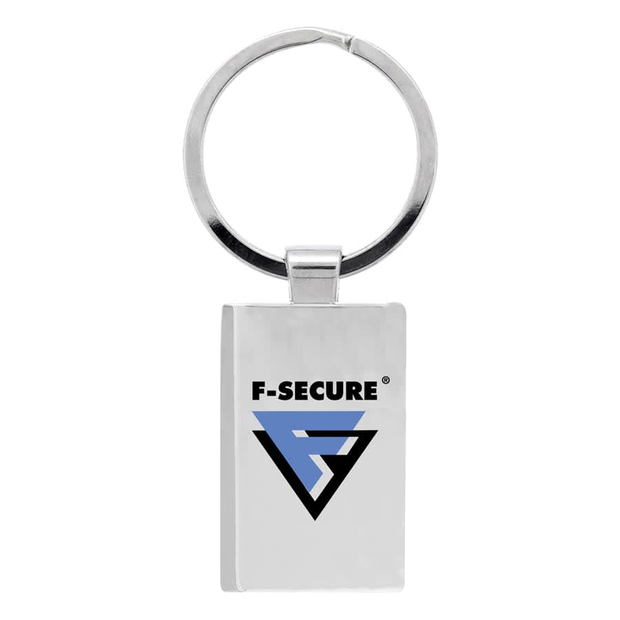 A silver rectangular keychain featuring a metal ring and a logo on one side.