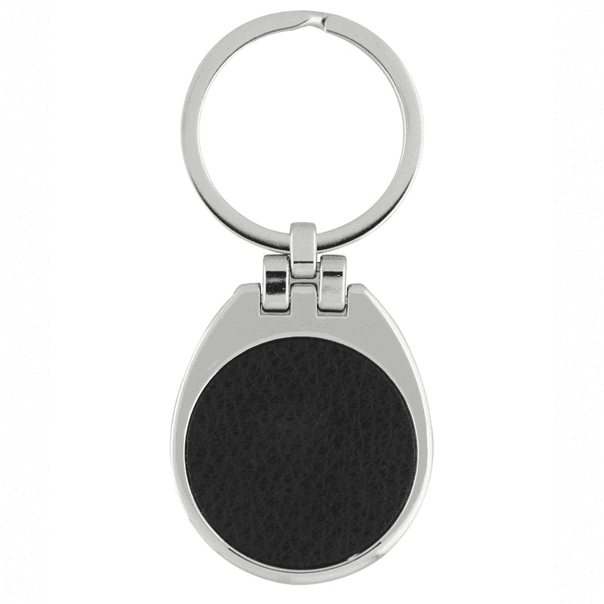 A silver keychain with a teardrop shape and a black textured surface.