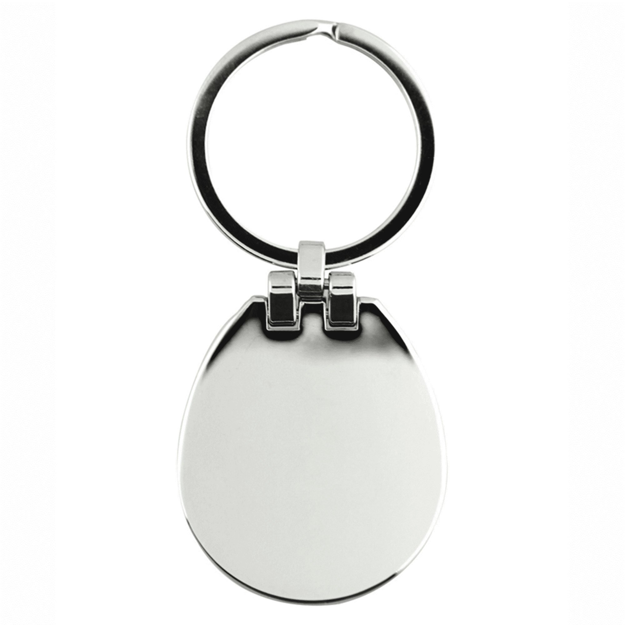 A sleek silver keychain with a smooth, rounded design and a polished finish. It features a metal ring for keys.