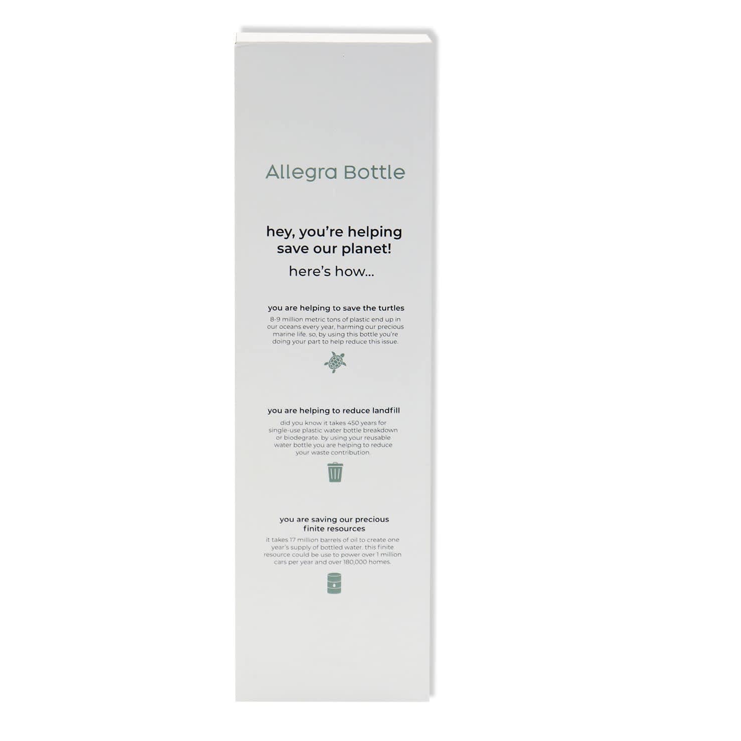 A drink bottle with a sleek design and a white exterior. It features a logo and is part of a sustainability initiative.