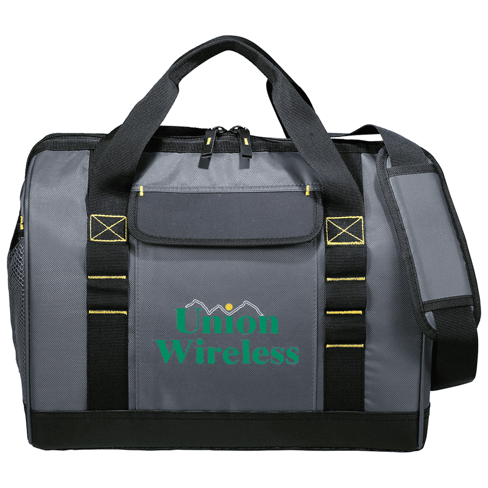 A grey cooler bag with a front pocket, featuring a logo and black straps for easy carrying.
