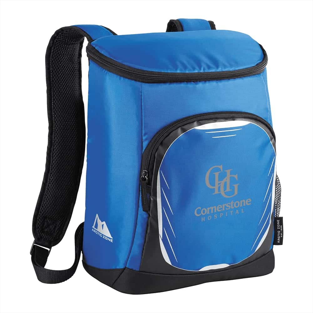A blue cooler backpack with adjustable straps and a front pocket, featuring a logo on the side.