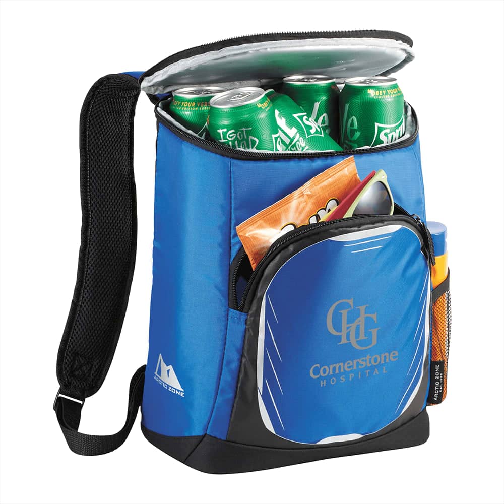 A blue cooler backpack with a zippered top, containing cans and snacks, featuring a front pocket and a logo.