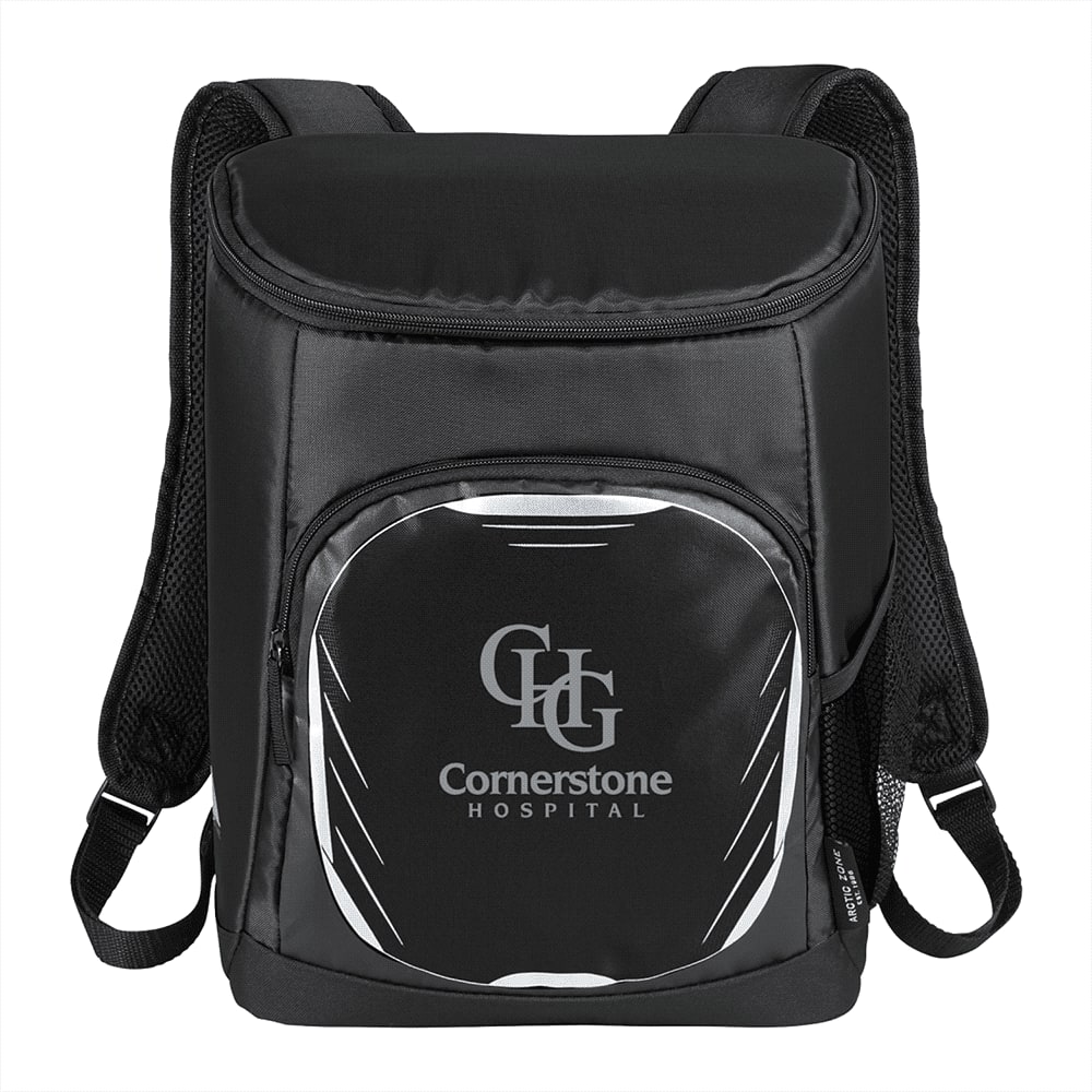 A black cooler backpack with a front pocket and adjustable straps, featuring a logo on the front.
