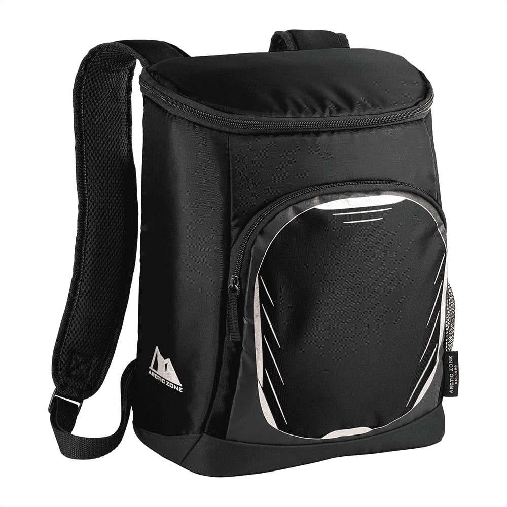 A black cooler backpack featuring a front pocket and mesh shoulder straps, ideal for carrying drinks.