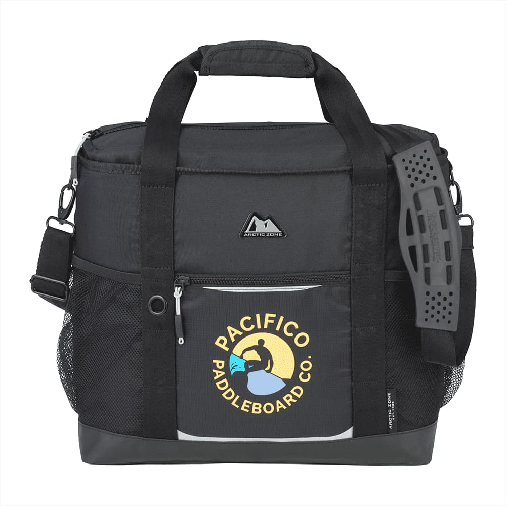 A black cooler bag with a mesh pocket, featuring a logo on the front and sturdy carrying handles.