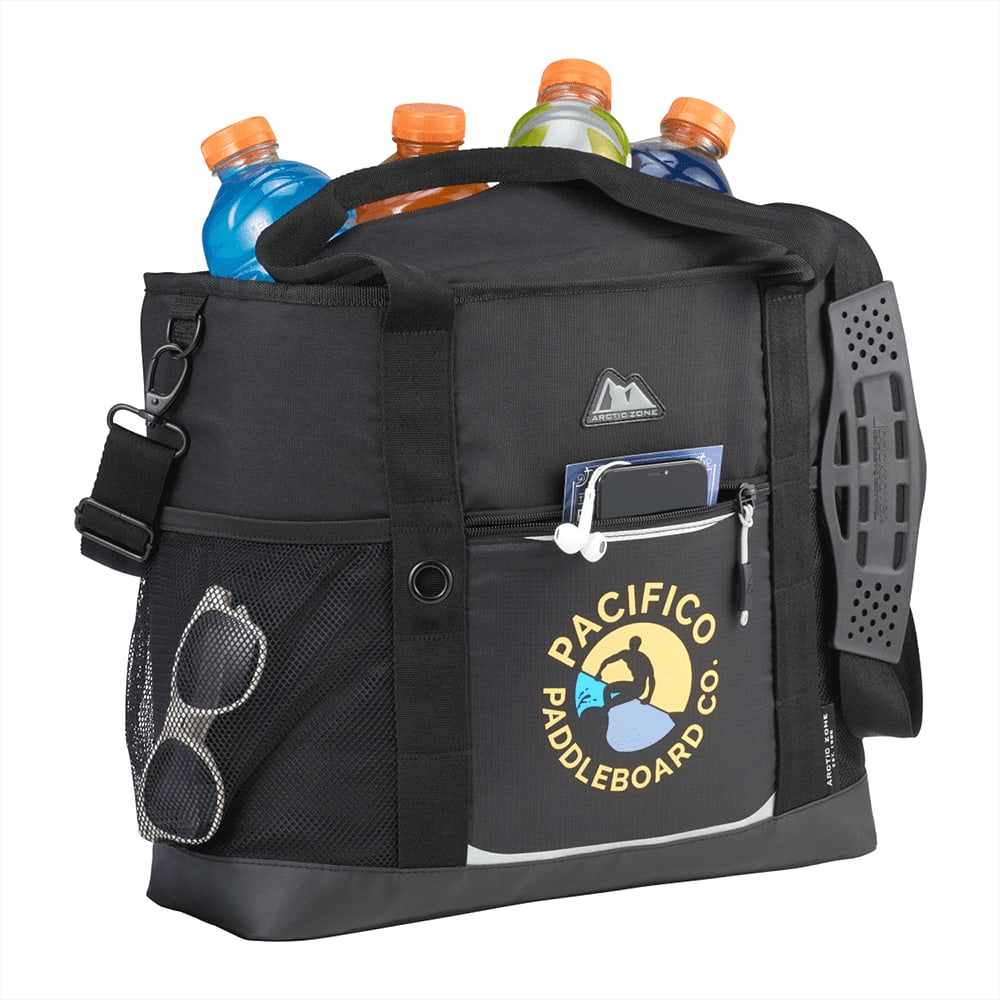 A black cooler bag featuring a logo, multiple drink bottles, and pockets for accessories.
