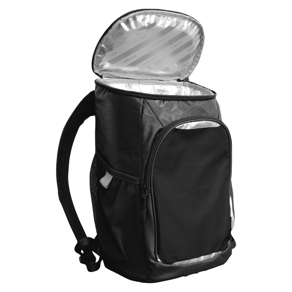 A black Arctic Zone Titan Backpack Crib Cooler with padded back and straps. It has a simple, sleek design.