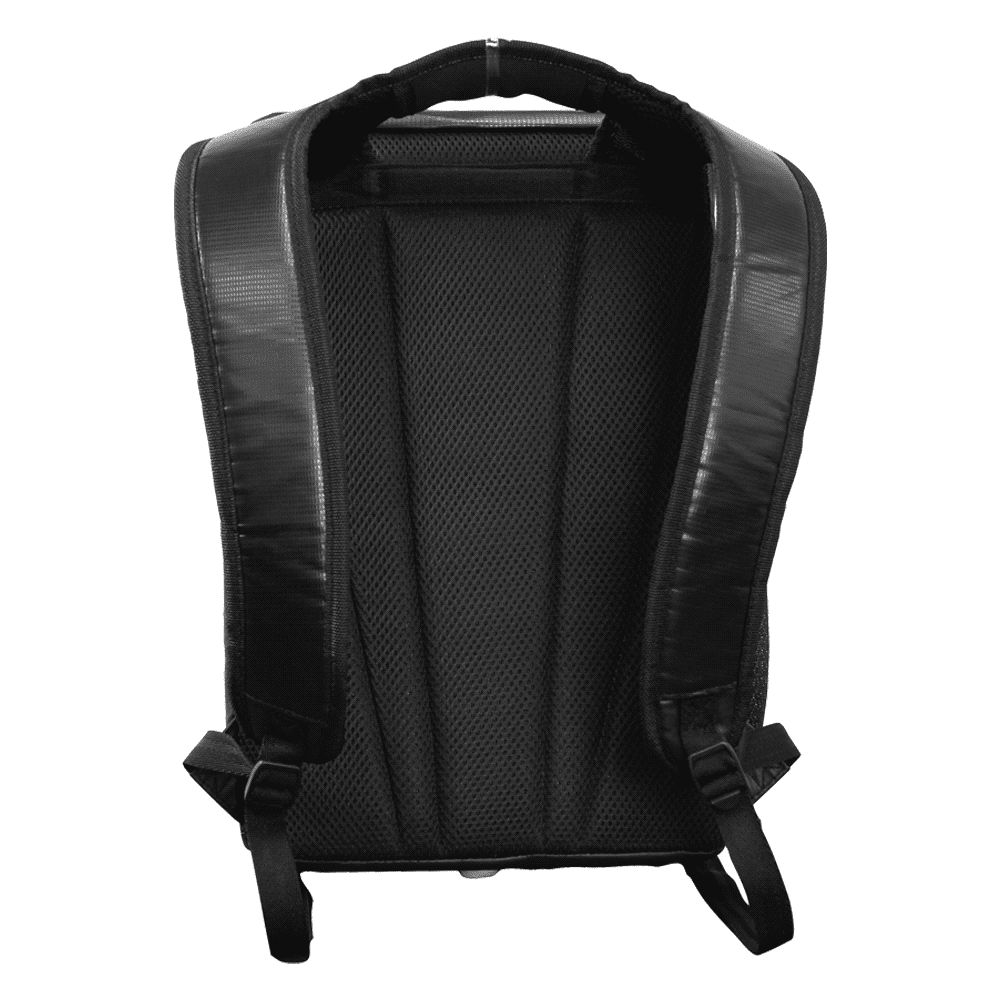 A black cooler backpack with a silver insulated interior and zippered compartments. It features a logo on the front.