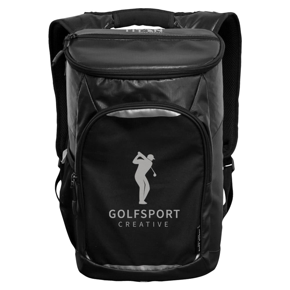 A black backpack cooler with a sleek design, worn by a man in a casual blue shirt against a natural backdrop.