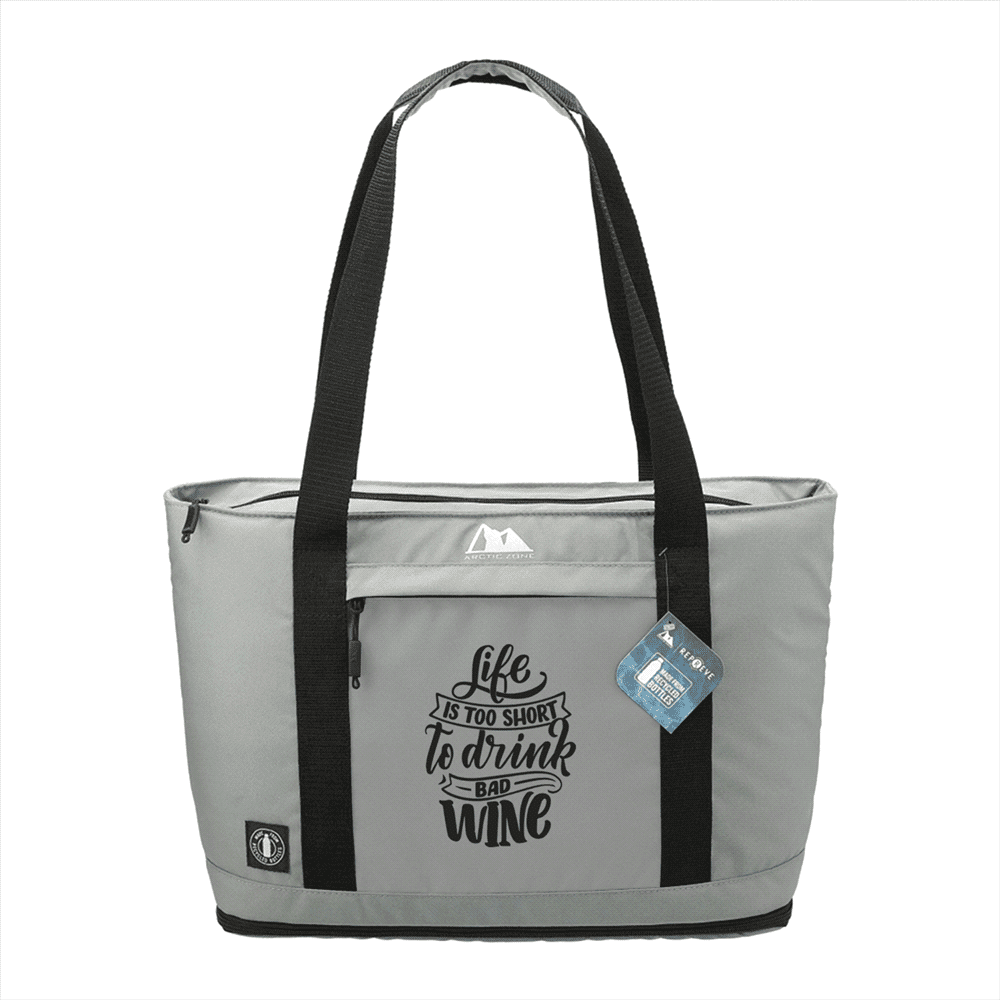 A blue and green product tag featuring information about the Arctic Zone Repreve cooler, with a logo and text on recycled materials.