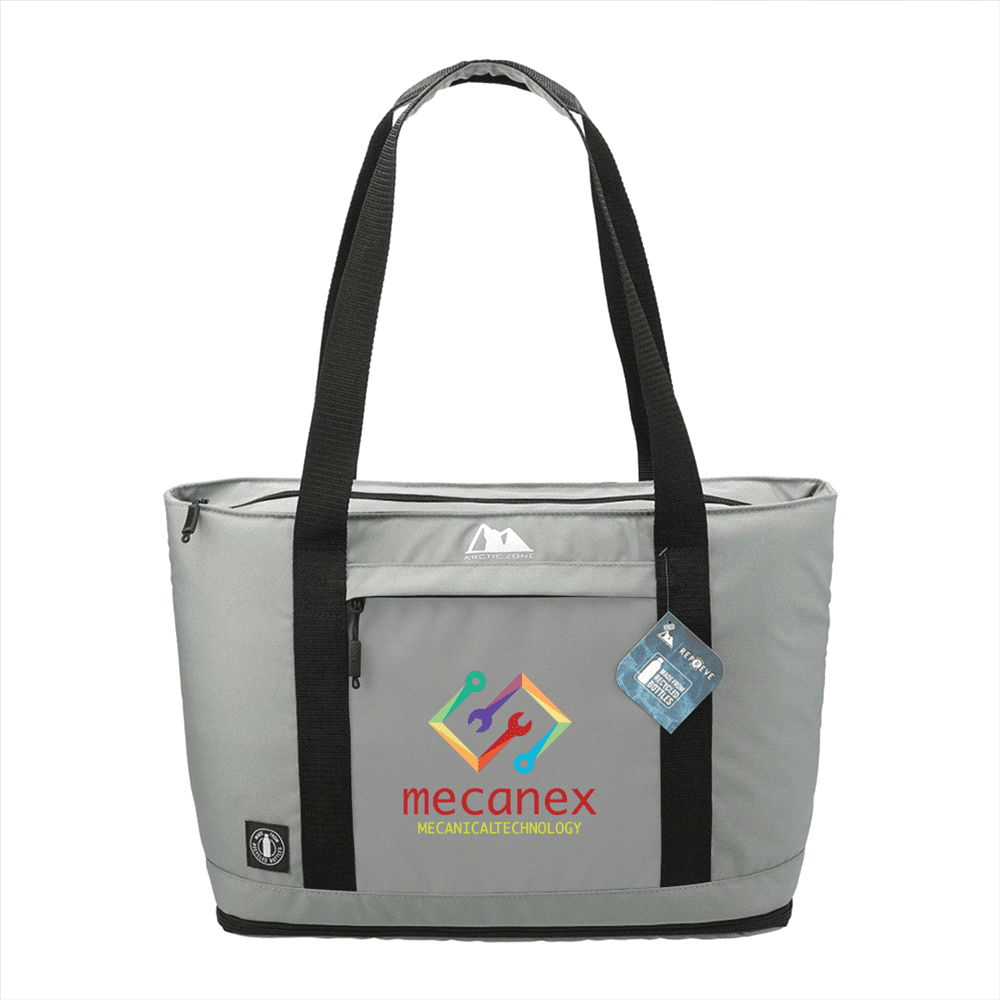 A black expandable cooler bag with dual handles and a logo, featuring a zippered pocket on the front.