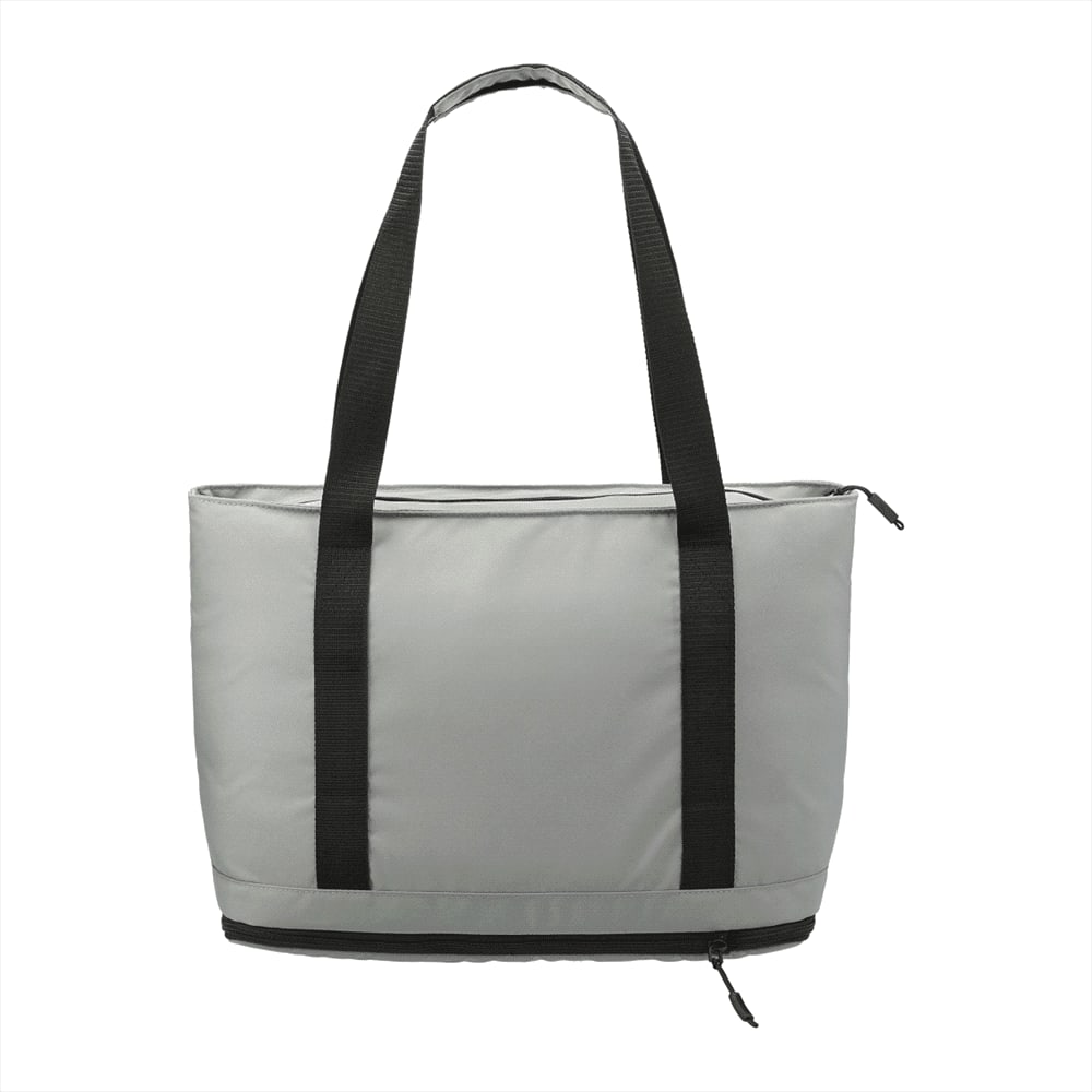 A black cooler bag with sturdy straps and a zip closure, featuring a logo on its surface.