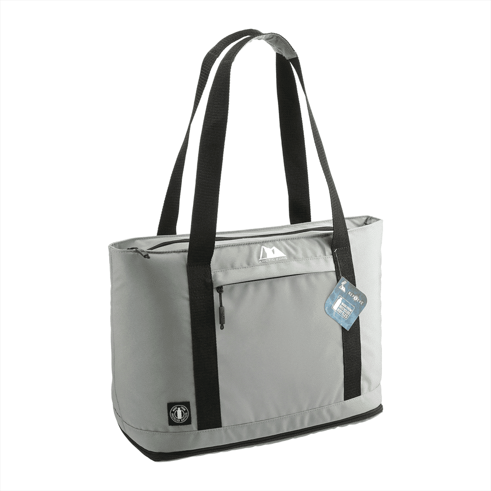 A black expandable cooler bag with dual handles and a branded logo on the front.