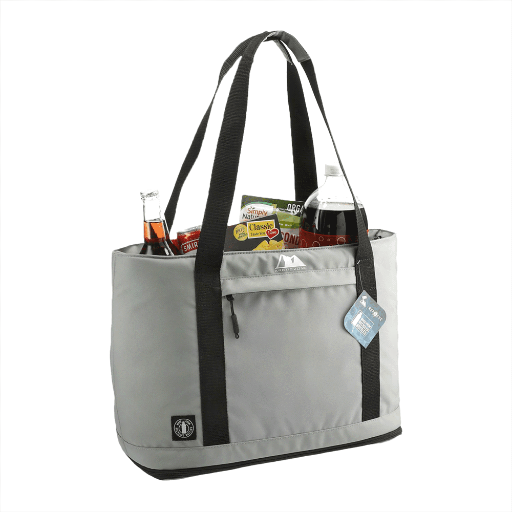 A grey cooler bag with a silver insulated interior and black handles, featuring a zip closure.