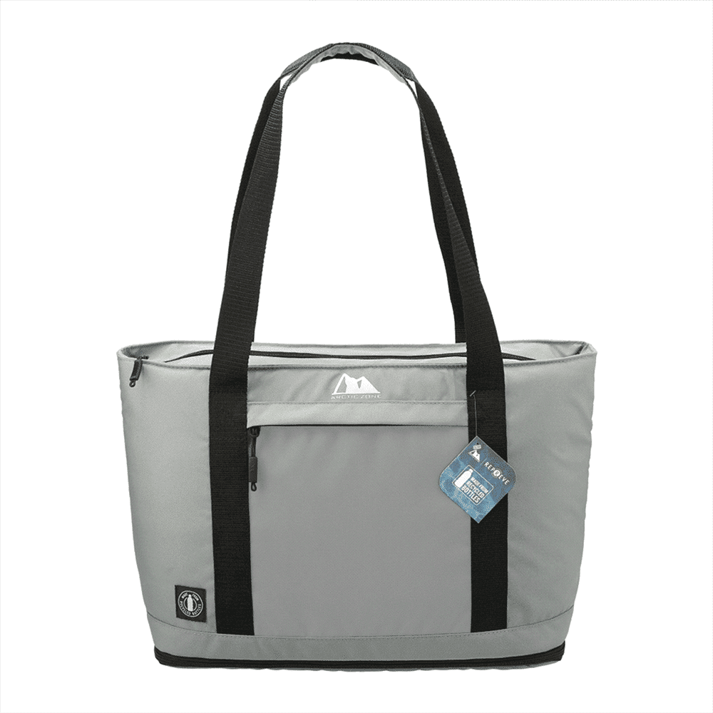 A black cooler bag with sturdy handles, featuring a zippered compartment and branding. Suitable for carrying drinks and food.