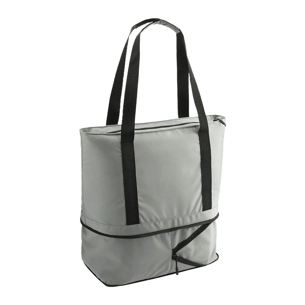 A black cooler bag with dual handles and a zippered section, designed to hold 25-50 cans. Features a logo.