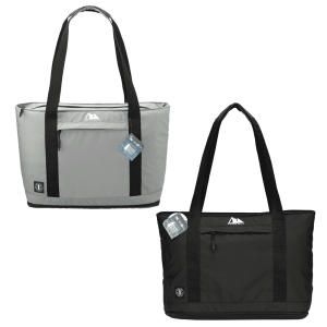 A grey cooler bag with black straps, featuring a front zip pocket and a logo. Suitable for carrying multiple drinks.