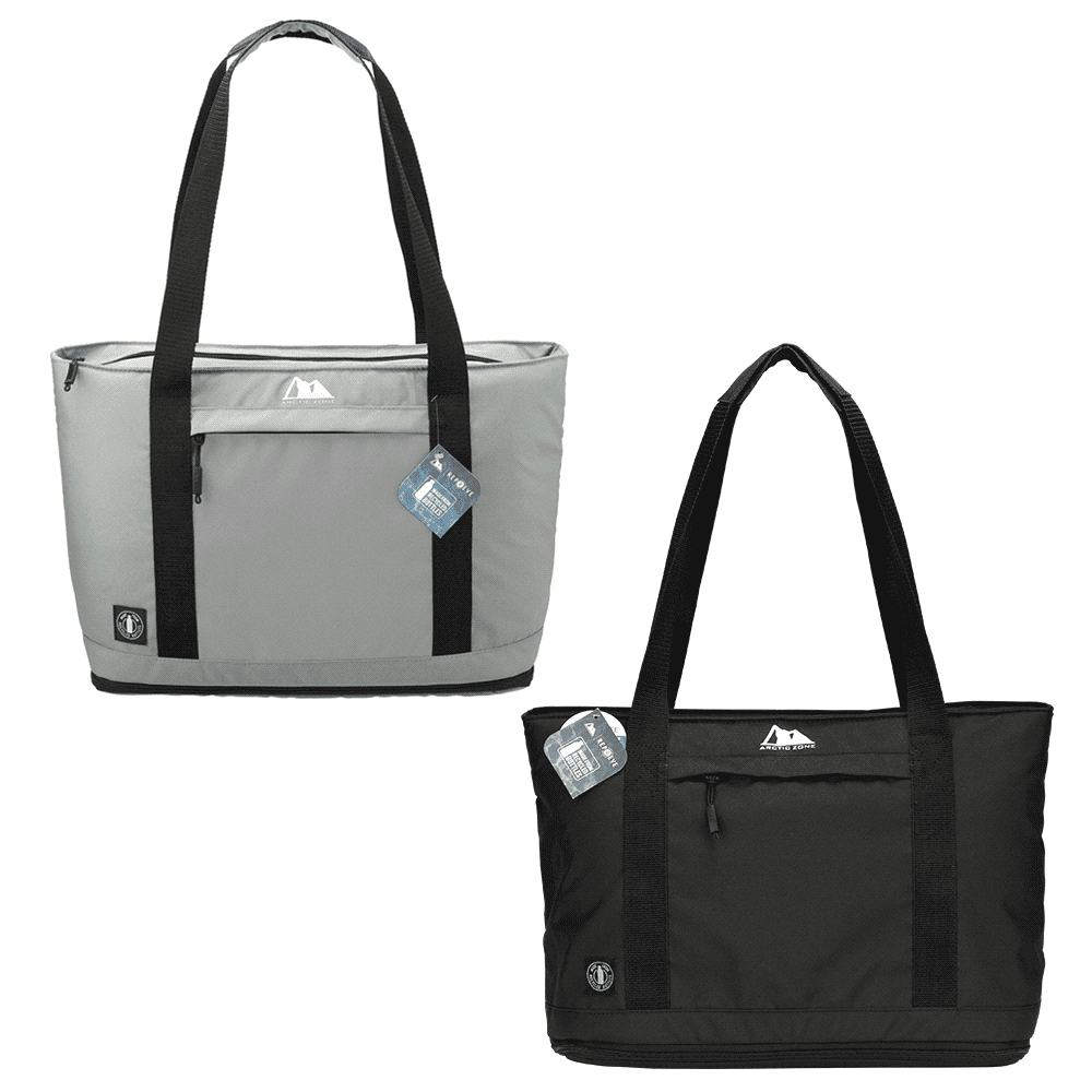 A grey cooler bag with black straps, featuring a front zip pocket and a logo. Suitable for carrying multiple drinks.