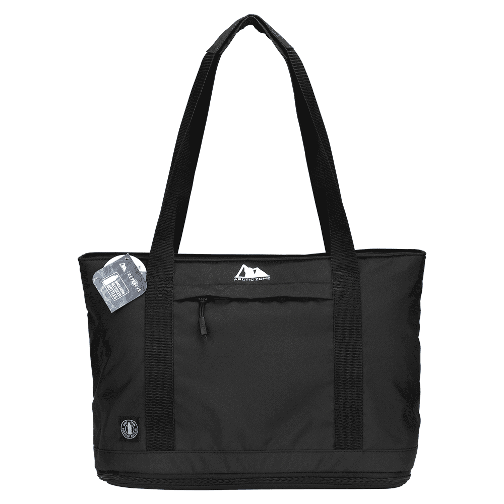 A grey cooler bag with black straps, featuring a zipper along the bottom. It has a logo on the front.