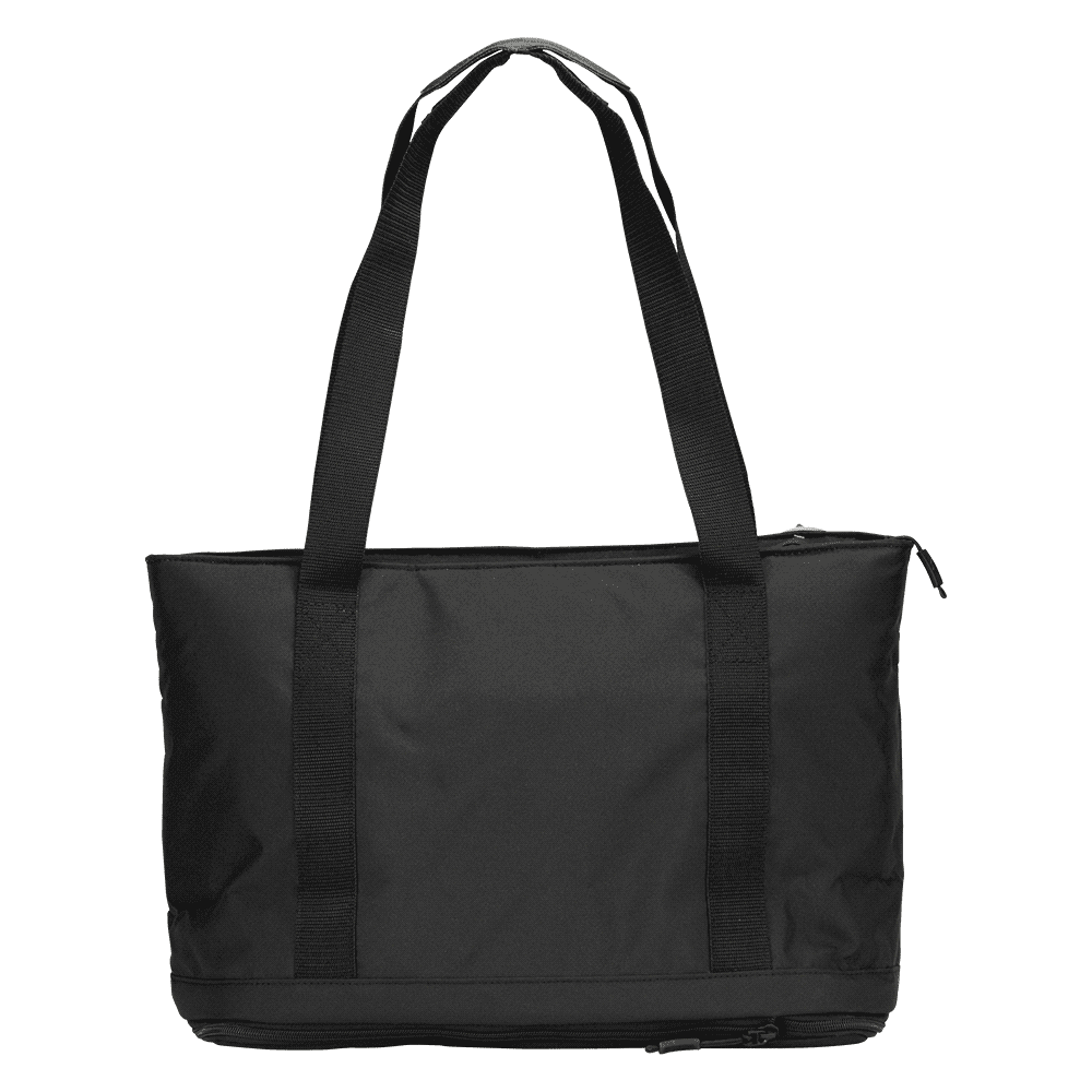 A grey cooler bag with black straps and a zip closure, designed for transporting drinks.