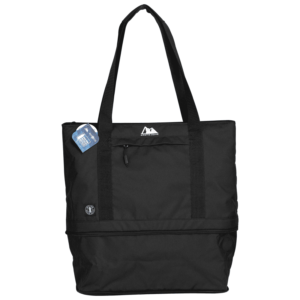 A grey cooler bag with black straps, featuring a logo and a message about wine.