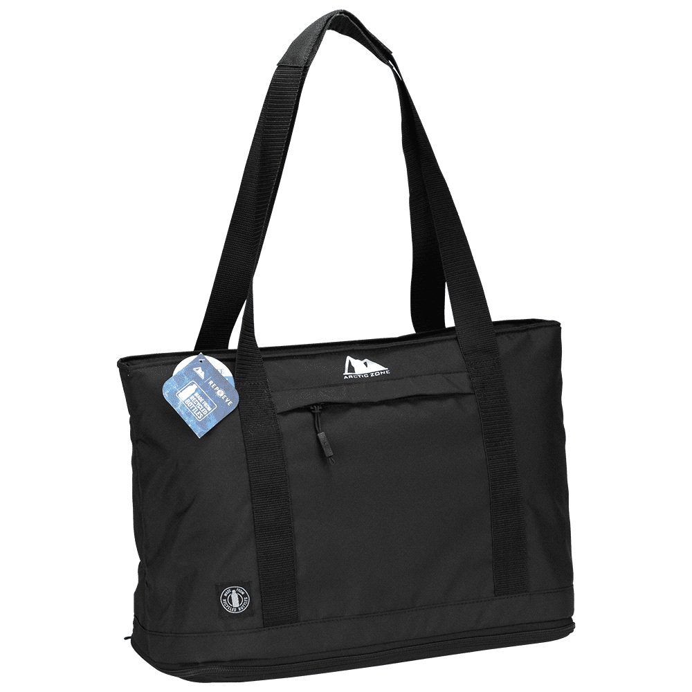 A grey cooler bag with black straps, featuring a front pocket and a logo. Holds 25-50 cans and has expandable capacity.