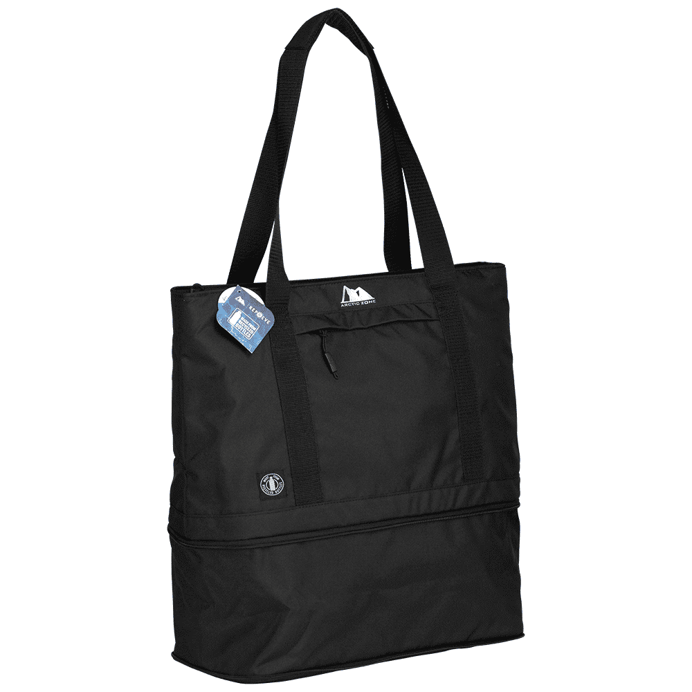 A grey expandable cooler bag with black straps, filled with drinks and snacks. Features a logo on the front.