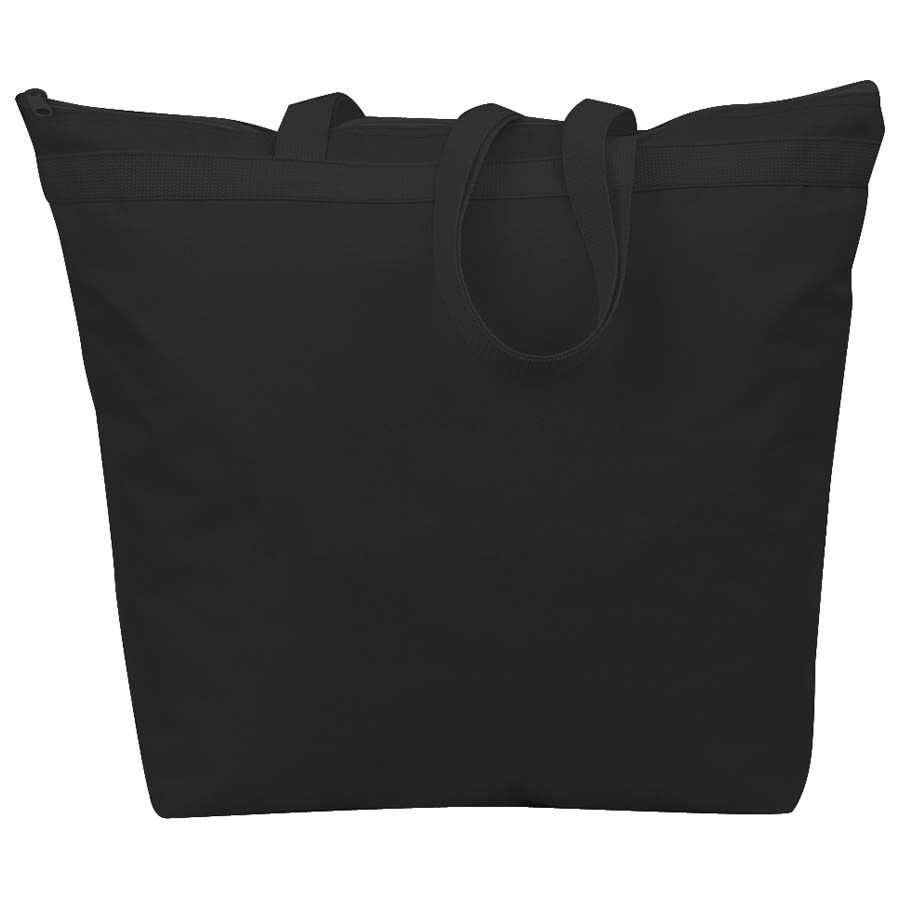 A black tote bag with two handles and a zippered top, featuring a simple design and no visible logos.