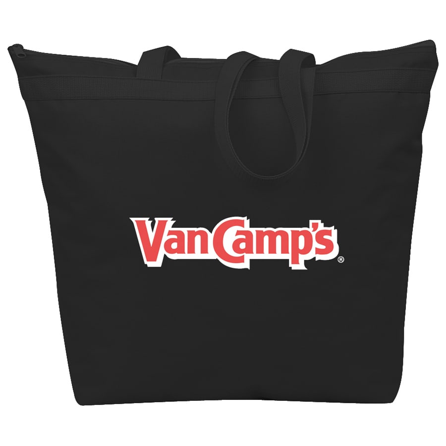 A black tote bag with two handles and a logo on the front.