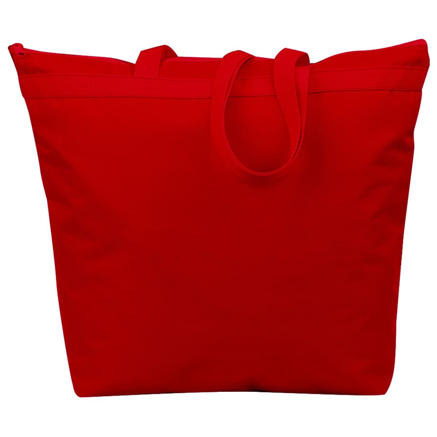 A large red tote bag with two carrying straps and a zippered top. Features a logo on one side.