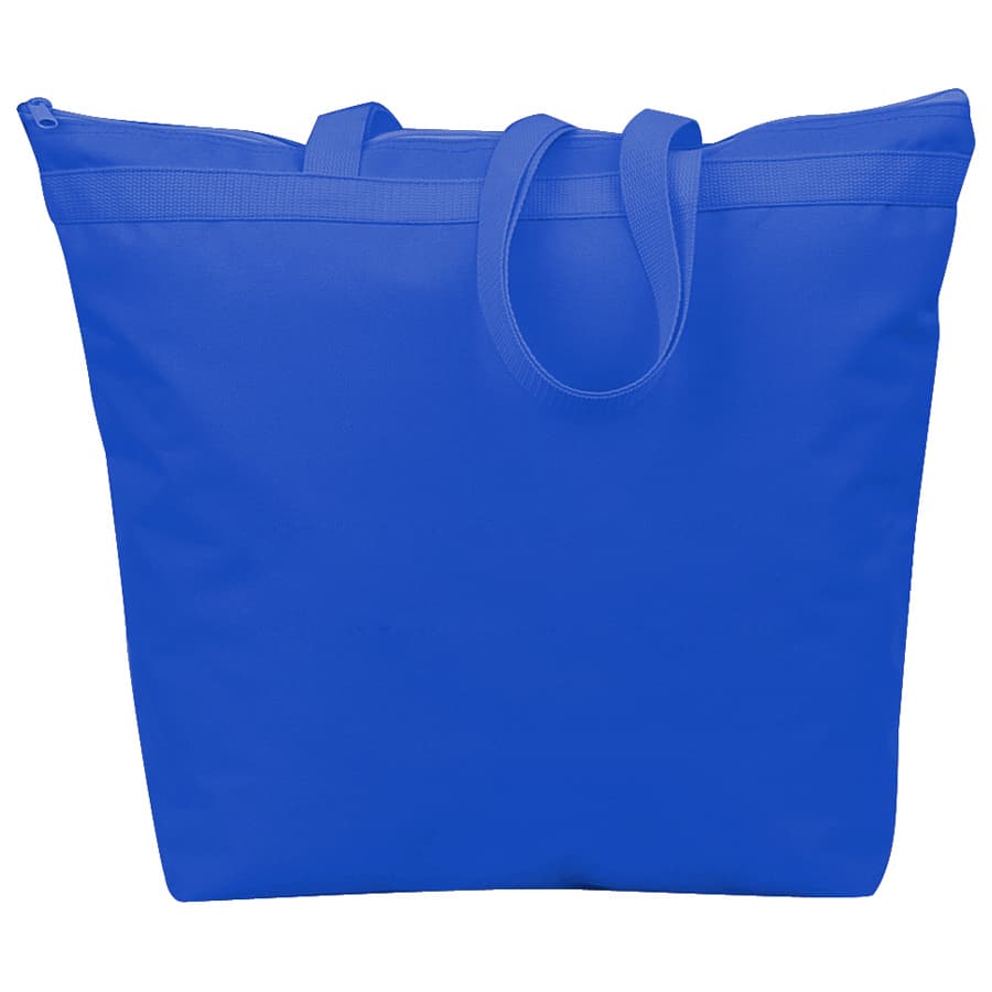 A large blue tote bag with sturdy handles and a zip closure. It features a logo on one side.