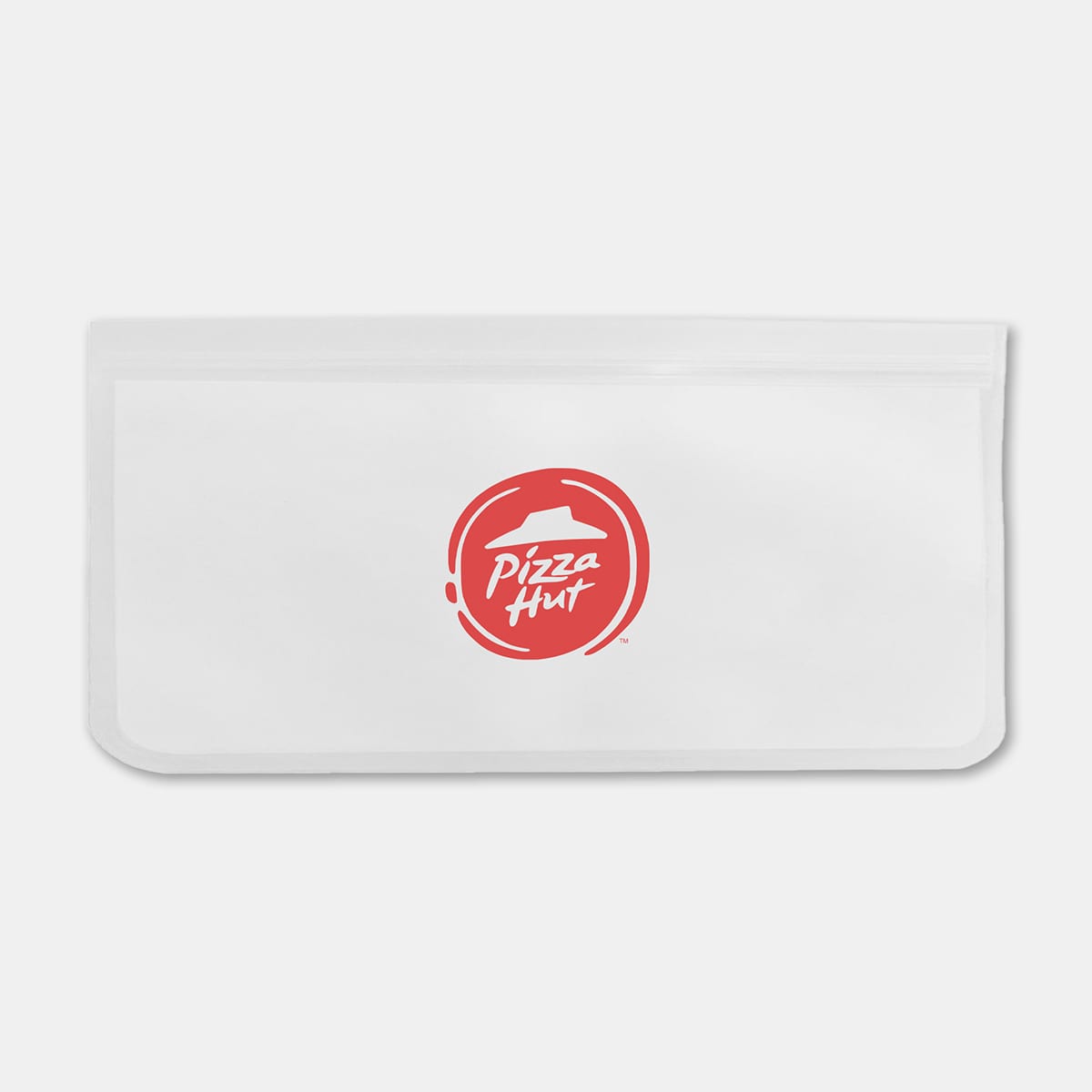 A transparent PEVA reusable food storage bag with a red logo, measuring 21.5cm x 12cm.