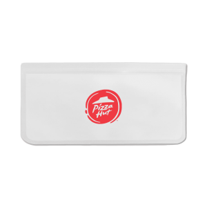 A white PEVA reusable food storage bag with a red logo, suitable for lunch or snacks.