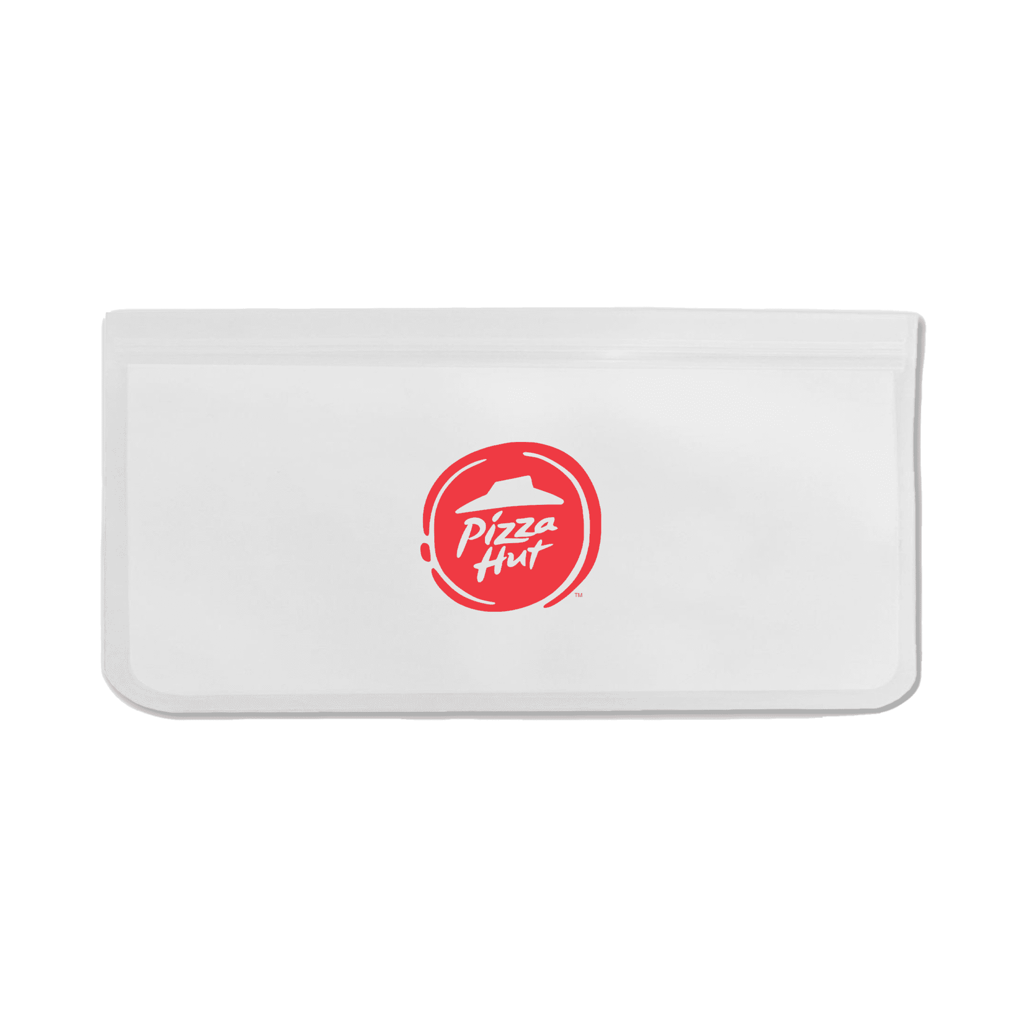 A white PEVA reusable food storage bag with a red logo, suitable for lunch or snacks.
