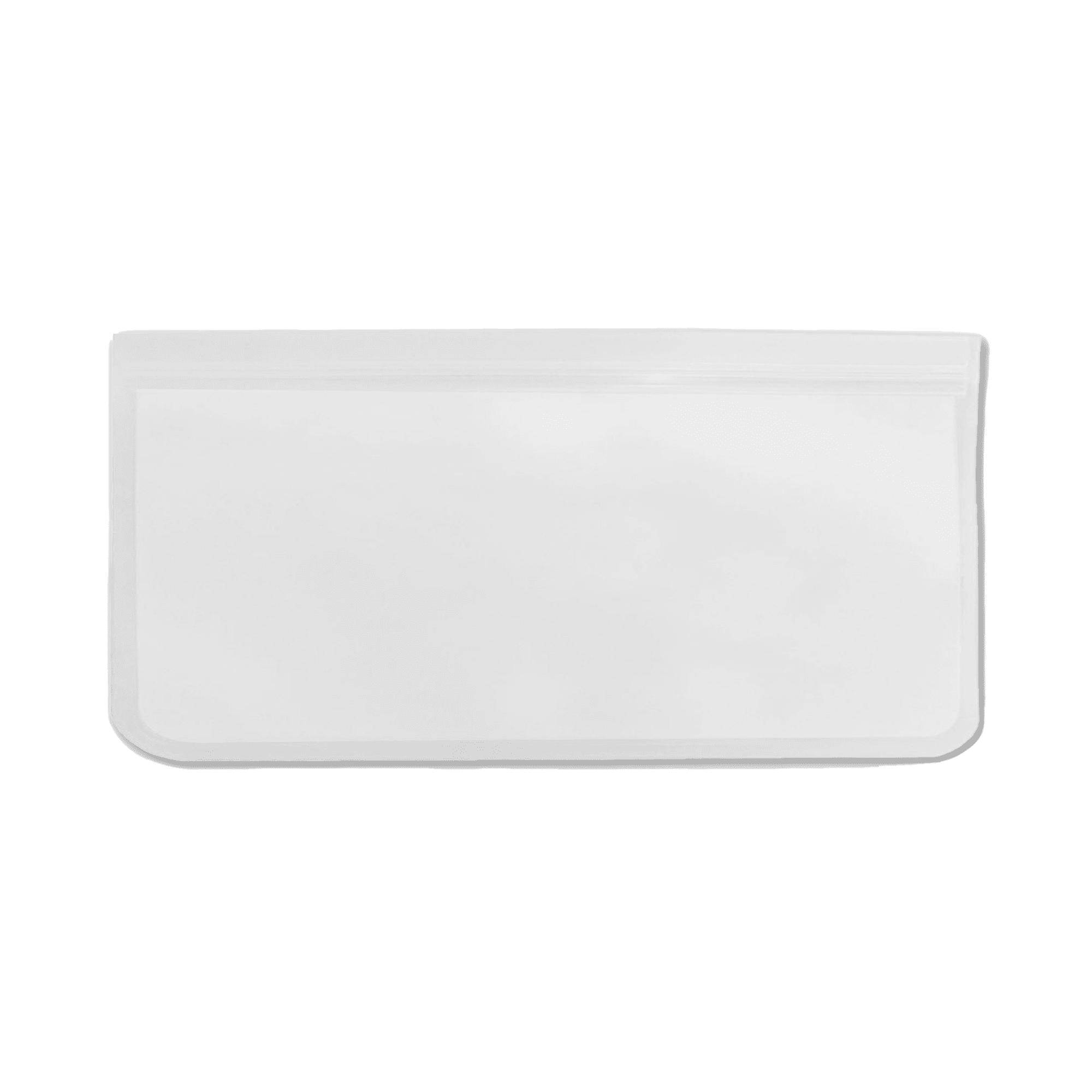 A transparent reusable food storage bag in white, featuring a zip closure and rounded corners.