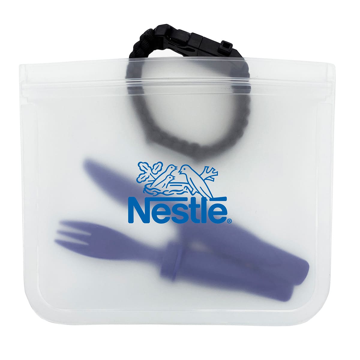 A translucent white reusable food storage bag containing a purple fork and spoon, with a bracelet and a logo.
