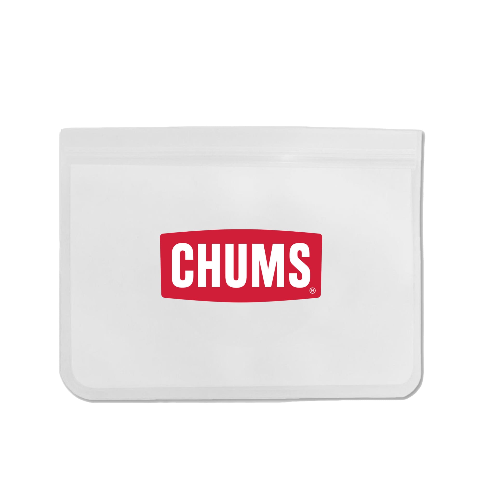 A white PEVA reusable food storage bag with a red logo on the front, featuring a zip closure.