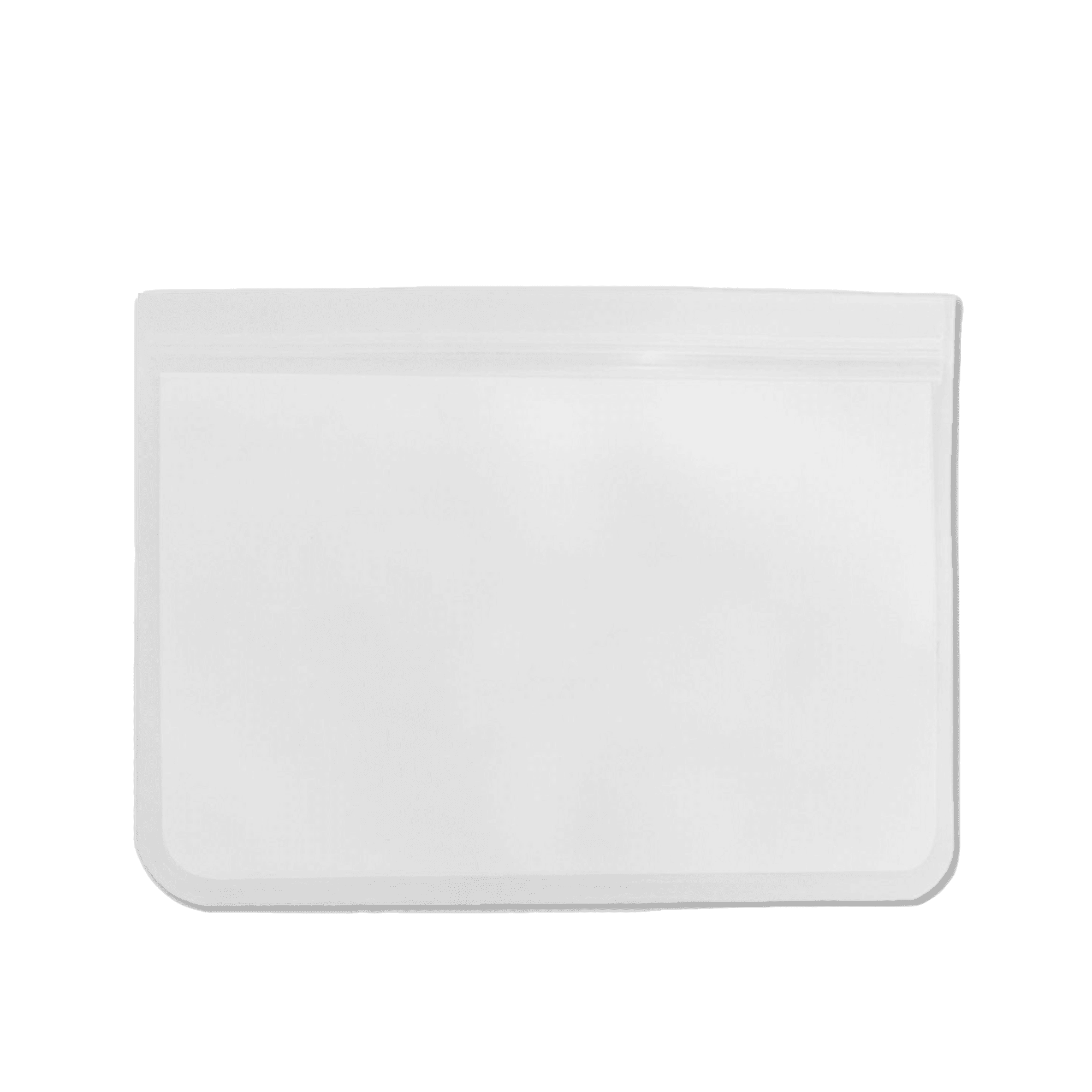 A clear, white PEVA reusable food storage bag, featuring a zip closure, designed for lunch and snacks.