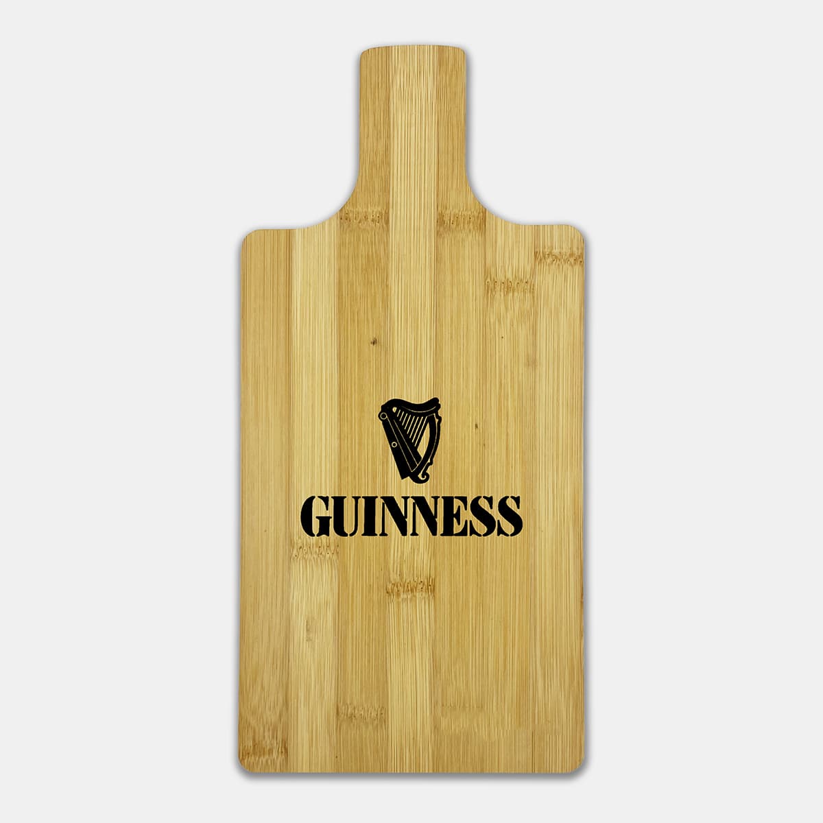 A bamboo paddle board in a natural finish featuring a black logo design.