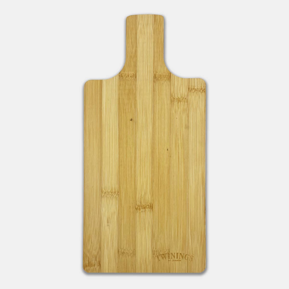 A bamboo paddle board in a natural wood finish with a handle, featuring a logo. Ideal for chopping and serving.
