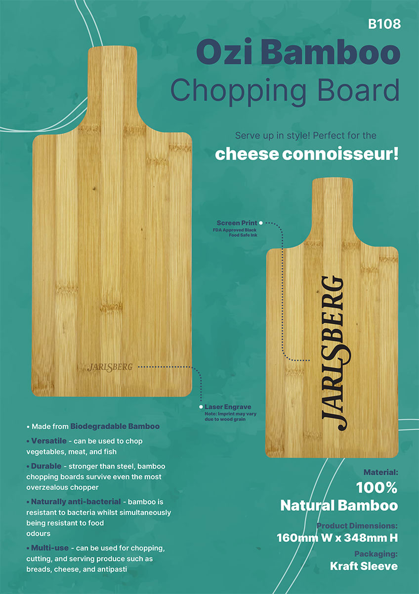 A bamboo chopping board with a smooth surface, featuring a handle and engraved branding, in natural light brown.